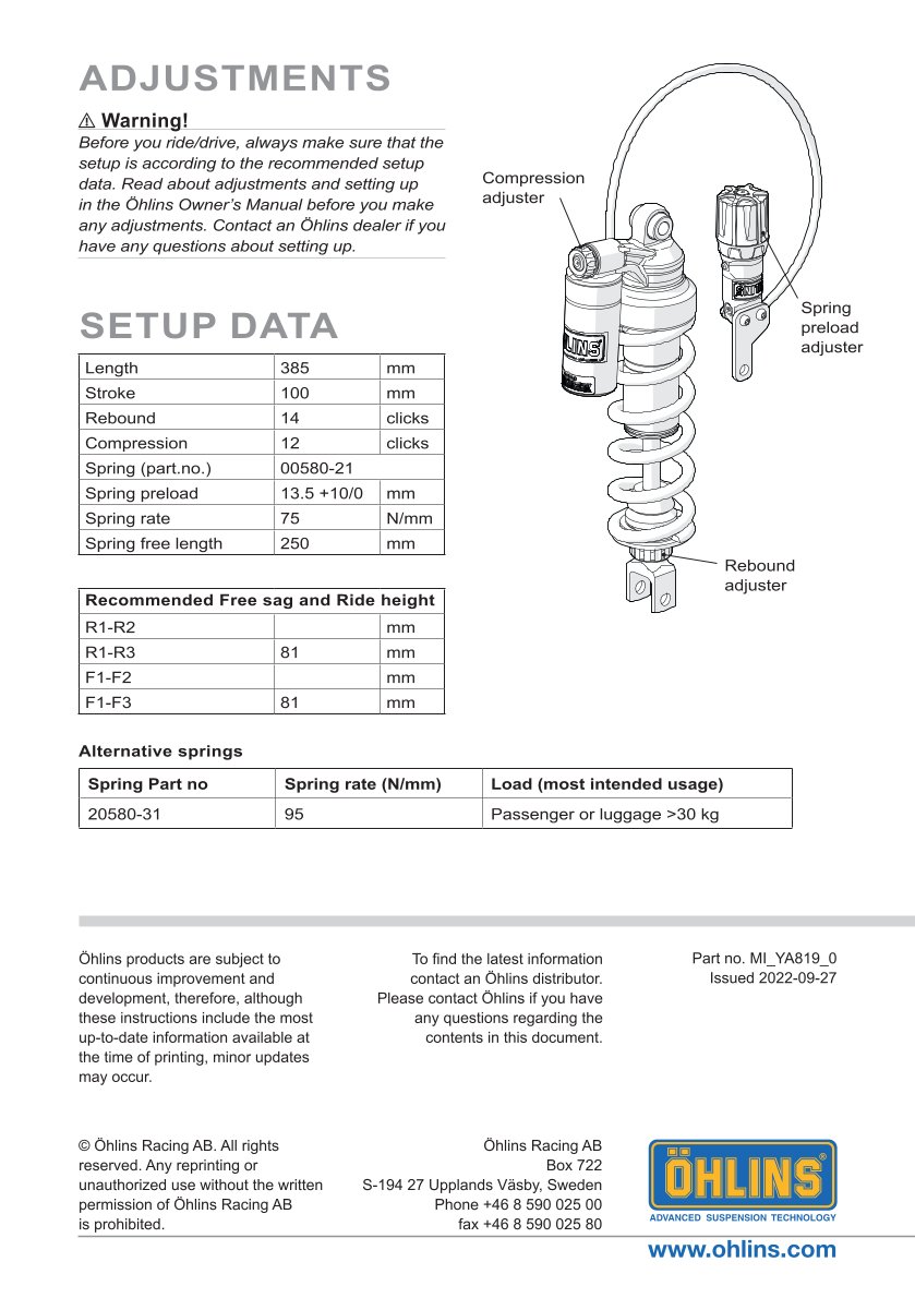 โช๊คหลังแต่ง Ohlins YA819 For Yamaha Ténéré 700 Extreme ปี 2023-2024