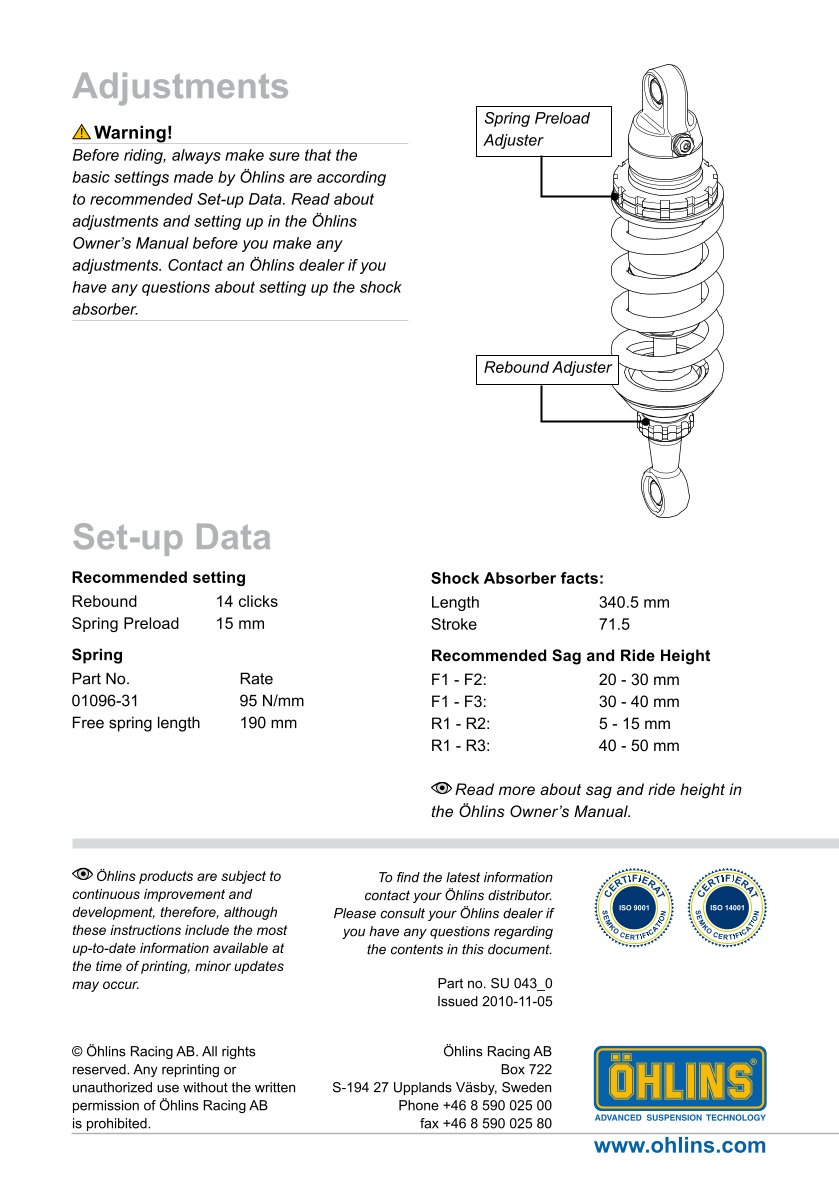 โช๊คหลังแต่ง Ohlins SU043 For Suzuki DL 650 V-Strom XT ปี 2018-2024