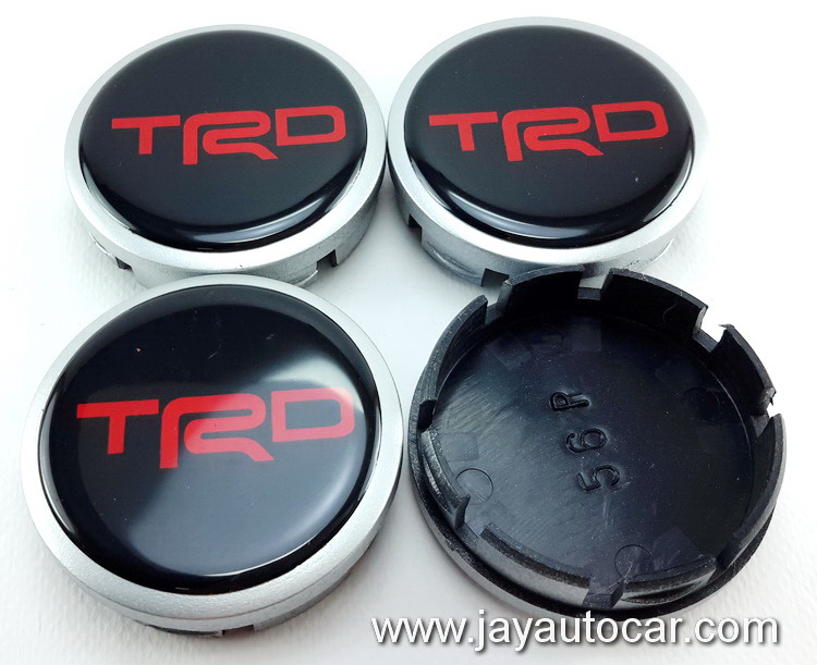 ฝาล้อรถยนต์ TOYOTA สำหรับ ล้อแม็ก สติ๊กเกอร์ TRD ตัวหนังสือสีแดงพื้นดำ ขนาด 56 มิล 1ชุด 4ชิ้น 56mm.