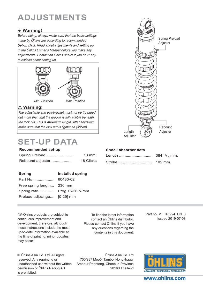 โช๊คหลังแต่ง Ohlins TR924 For Triumph Speed Twin 1200 ปี 2019-2020