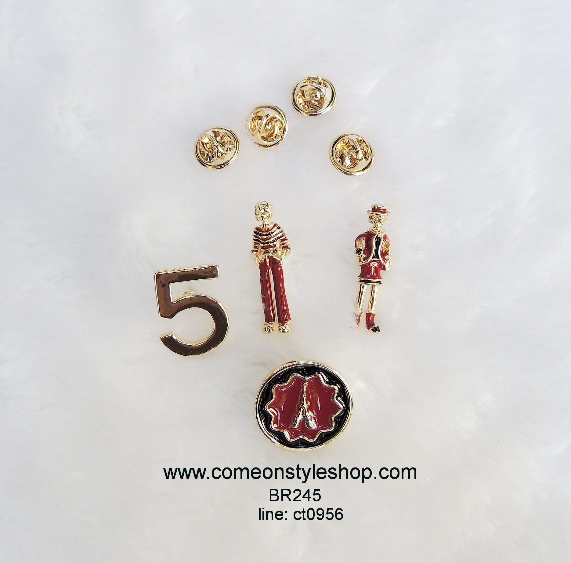 เซตเข็มกลัด เข็มกลัดเซต pin ชุด 4 ชิ้น รุ่นพรีเมี่ยม สไตล์ชาแนล งานเคลือบสีไวน์แดงบนทอง pinผู้ชาย, pinผู้หญิง, Pin no.5, pinทรงกลมภาพหอไอเฟล งานคุณภาพเกรด AAA 4 pieces brooch collection set made with premium quality BR245