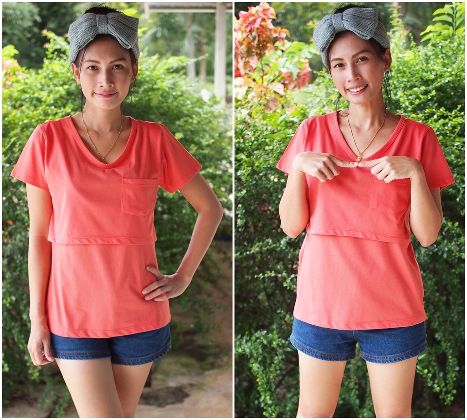 TS04_[Size-M-สีส้ม]_เสื้อยืดให้นม-แบบเปิดด้านหน้าคอวีมีกระเป๋า