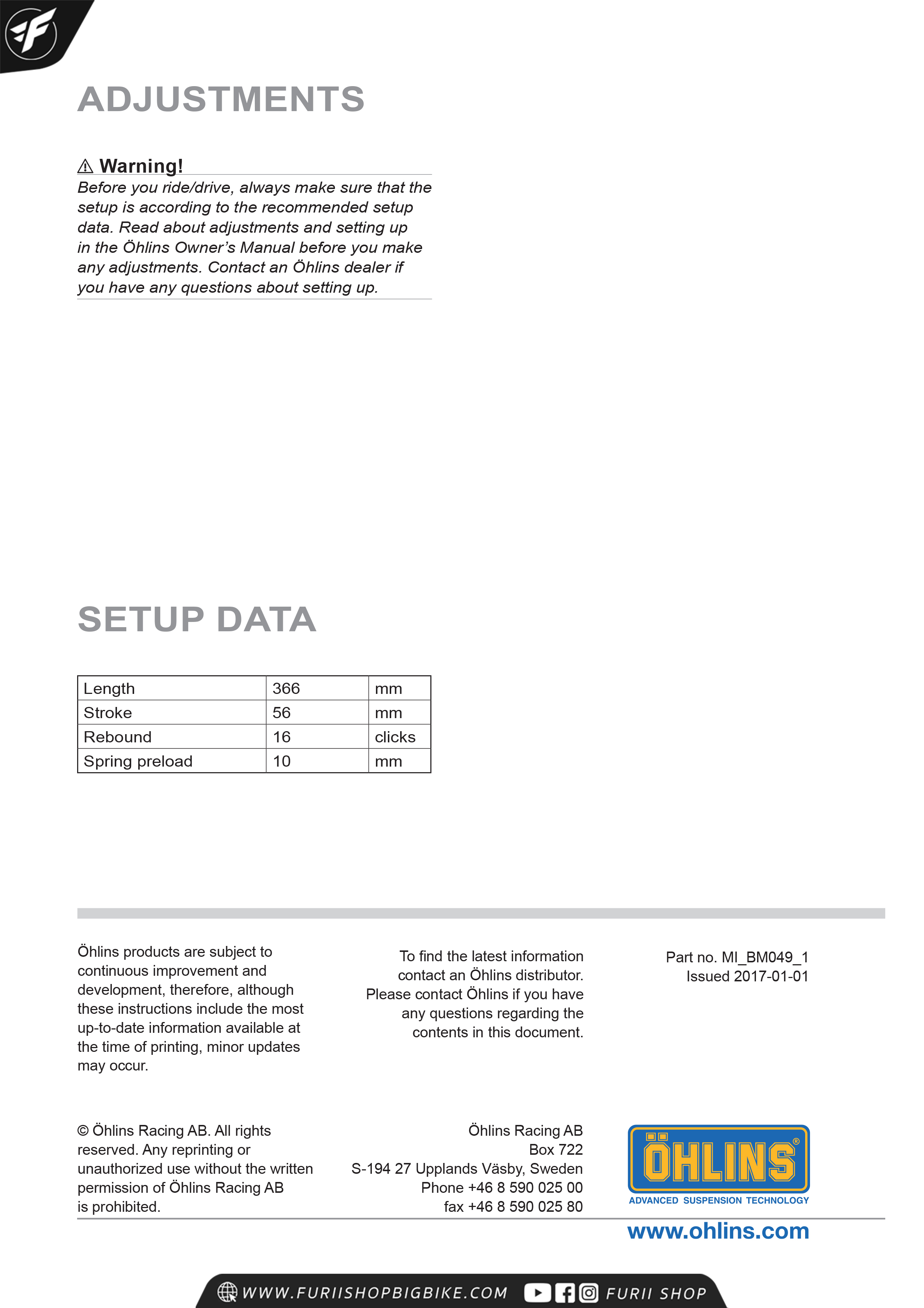 โช๊คหลัง OHLINS Sweden BM049 For R1150R 2001-2006