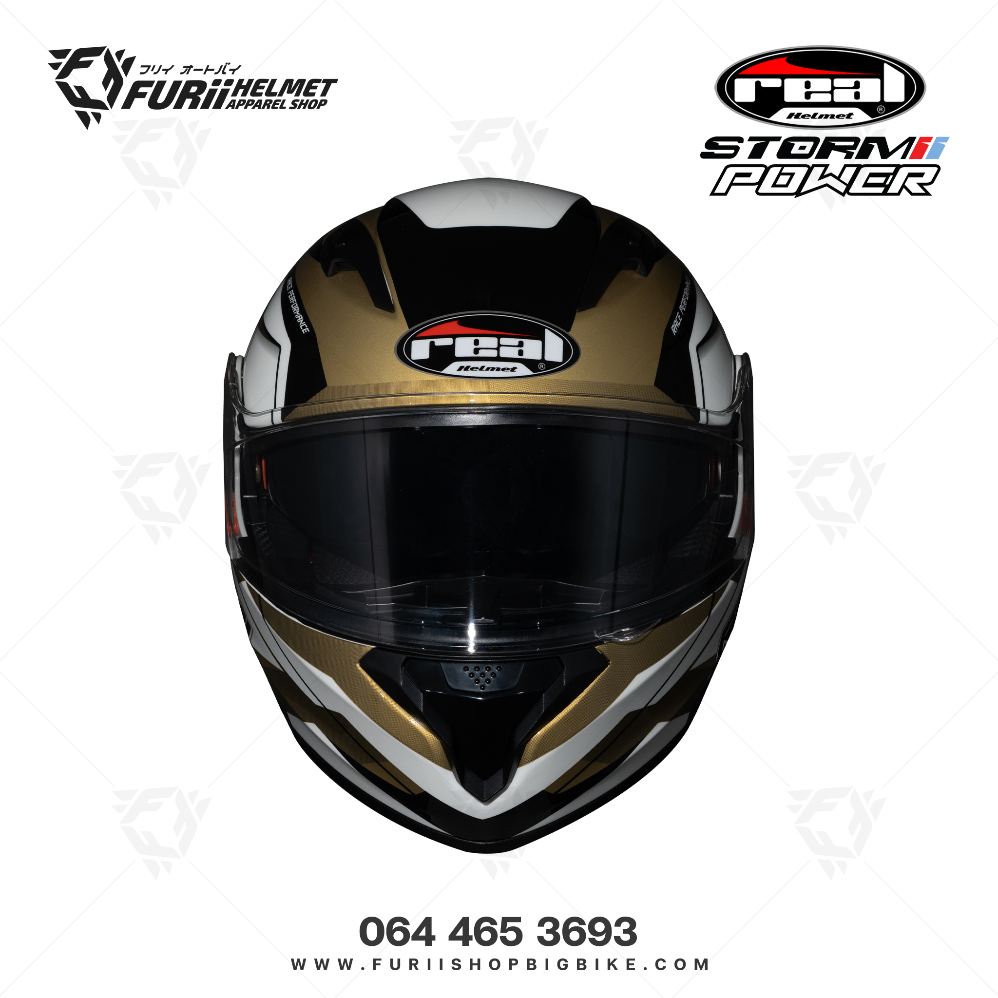 หมวกกันน็อคเต็มใบ Real : Storm Power ขาว-ทอง