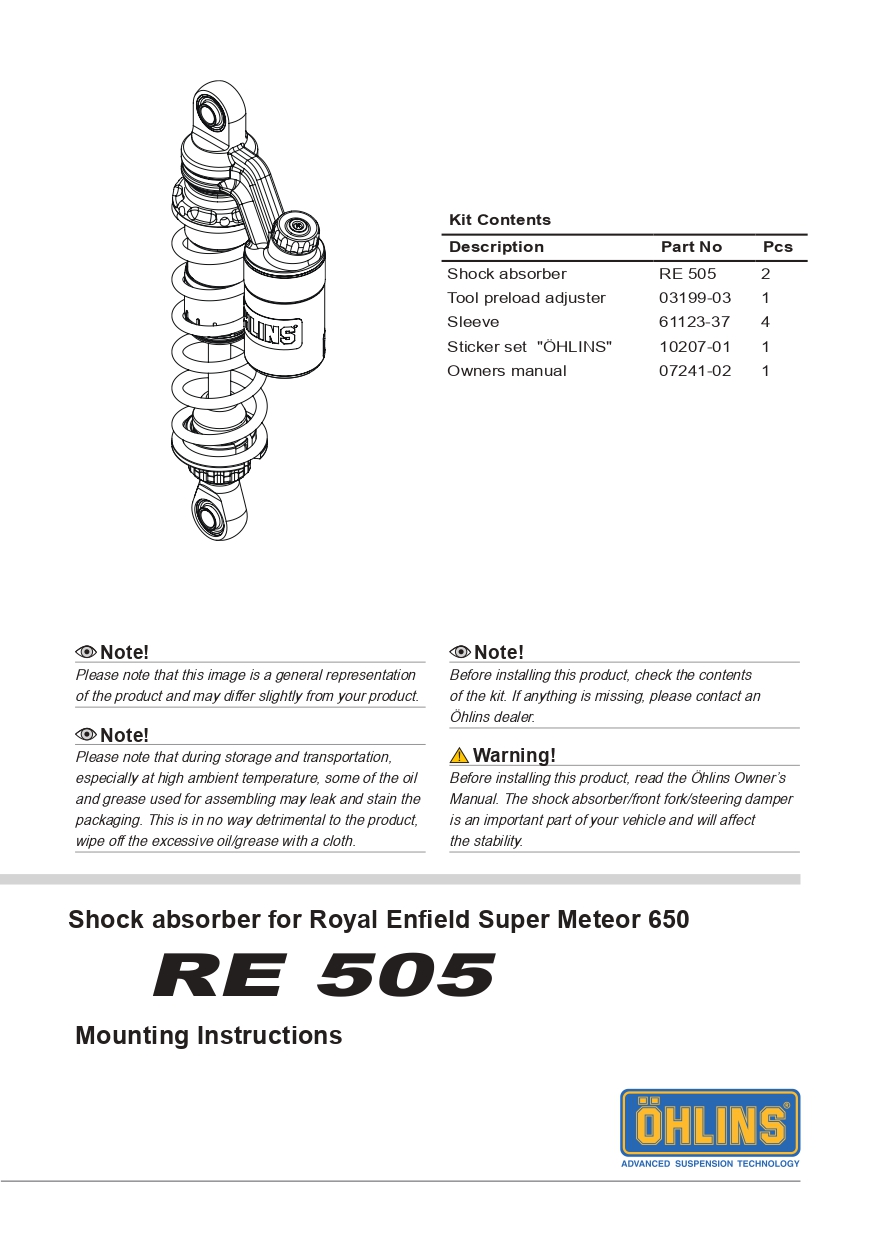 โช๊คหลังแต่ง Ohlins RE 505 For Royal Enfield Super Meteor 650 ปี2024