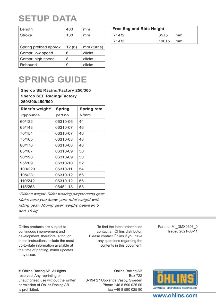 โช๊คหลังแต่ง Ohlins DMX0306 For Sherco 300 SEF Factory ปี 2019-2023