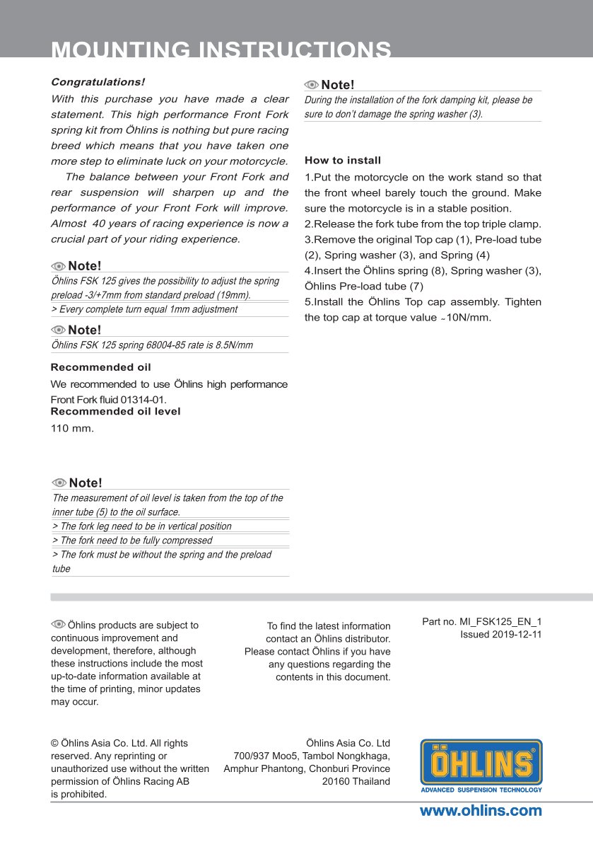 สปริงโช้คหน้า Ohlins FSK125 For Kawasaki Z650 2017-2019