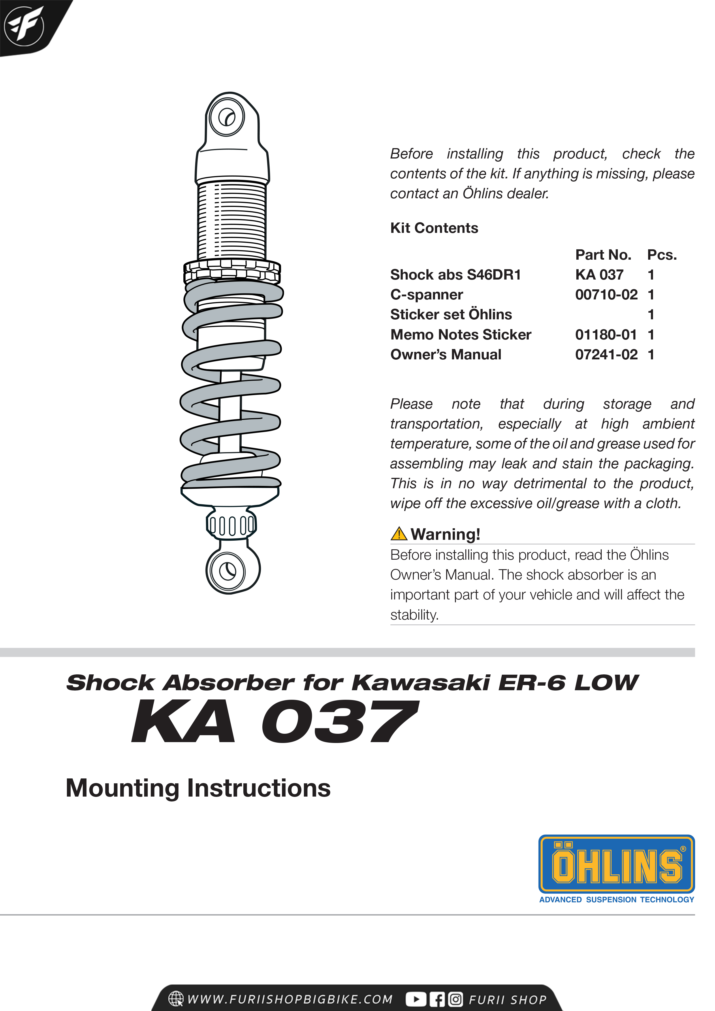 โช๊คหลัง OHLINS Sweden KA037 For Kawasaki Er-6n 2009-2014