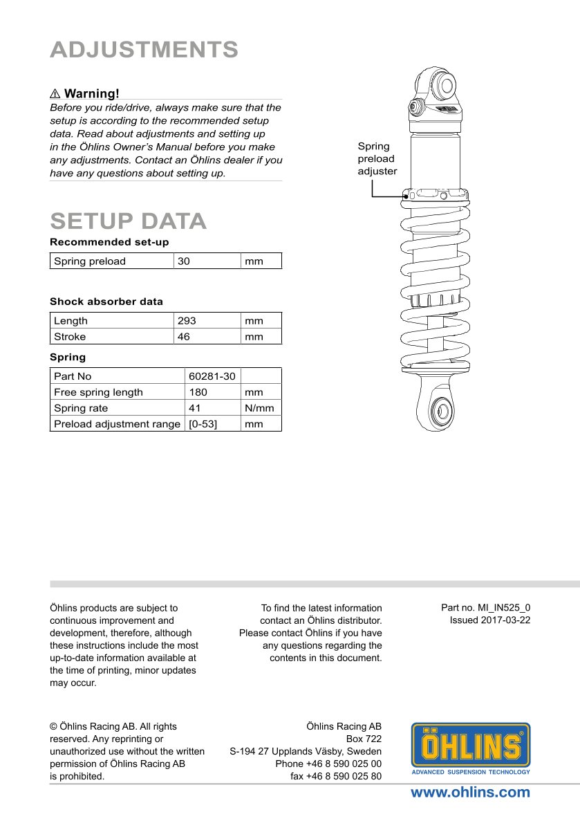 โช๊คหลังแต่ง Ohlins IN525 For Indian Scout ปี 2015-2022