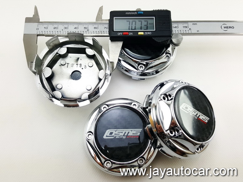 ฝาล้อรถยนต์ แม็กแต่ง ขนาด 73.5 มิล สำหรับ ล้อแม็ก โลโก้ COSMIS RACING WHEELS สีเงิน โคมมี่ยม 1ชุด 4ชิ้น 73.5mm.