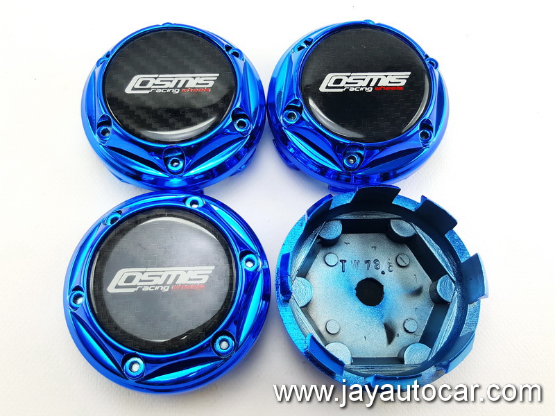 ฝาล้อรถยนต์ แม็กแต่ง ขนาด 73.5 มิล สำหรับ ล้อแม็ก โลโก้ COSMIS RACING WHEELS สีน้ำเงิน 1ชุด 4ชิ้น 73.5mm.