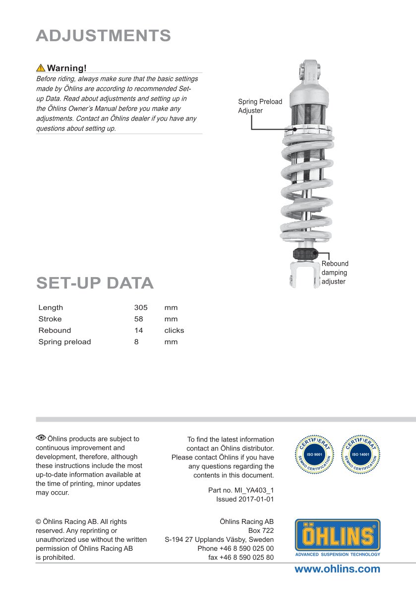 โช๊คหลังแต่ง Ohlins YA403 For Yamaha FZ6 S2 ปี 2007-2009