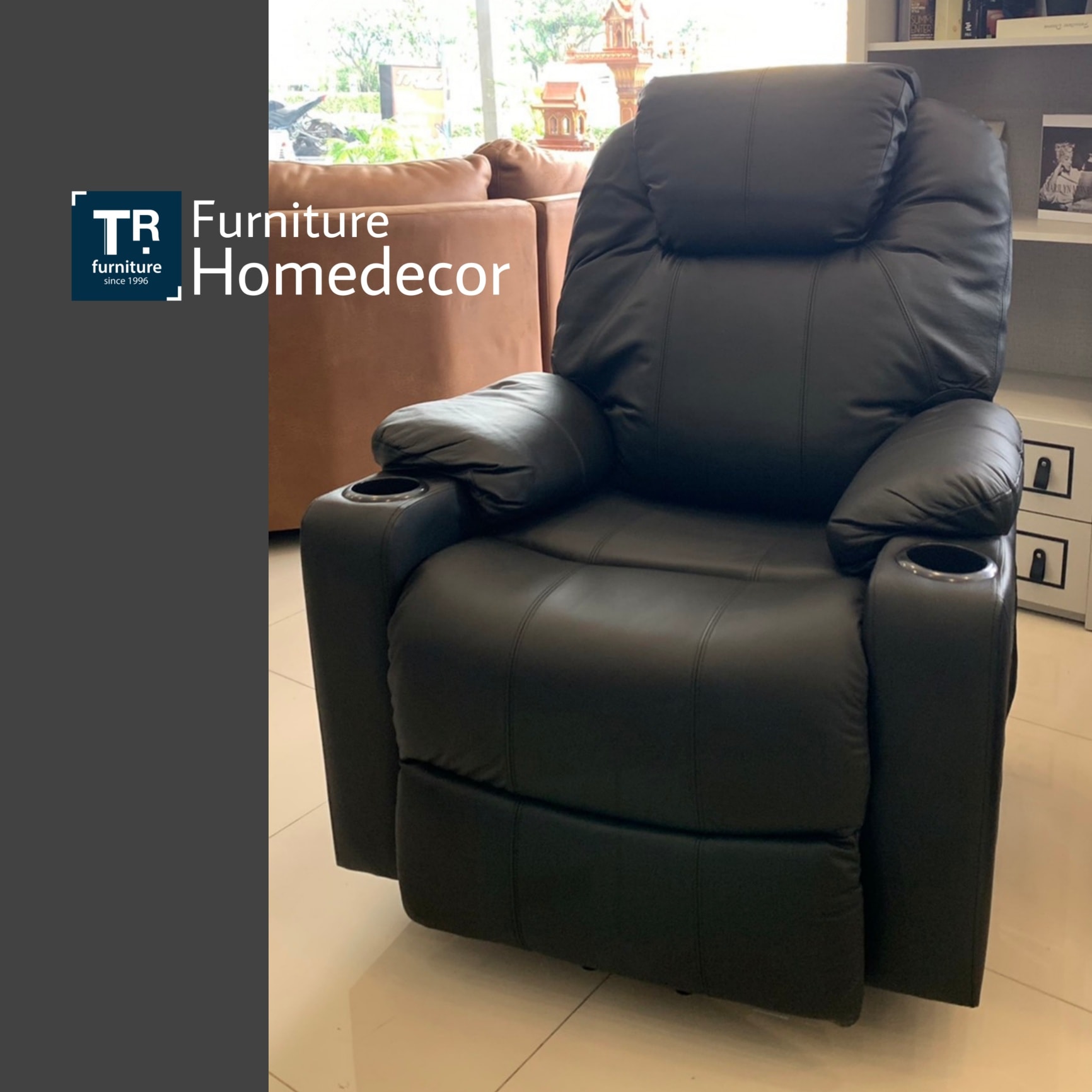 โซฟา Recliner เก้าอี้นวดไฟฟ้าปรับนอน รุ่น Arena หนังแท้สีดำ