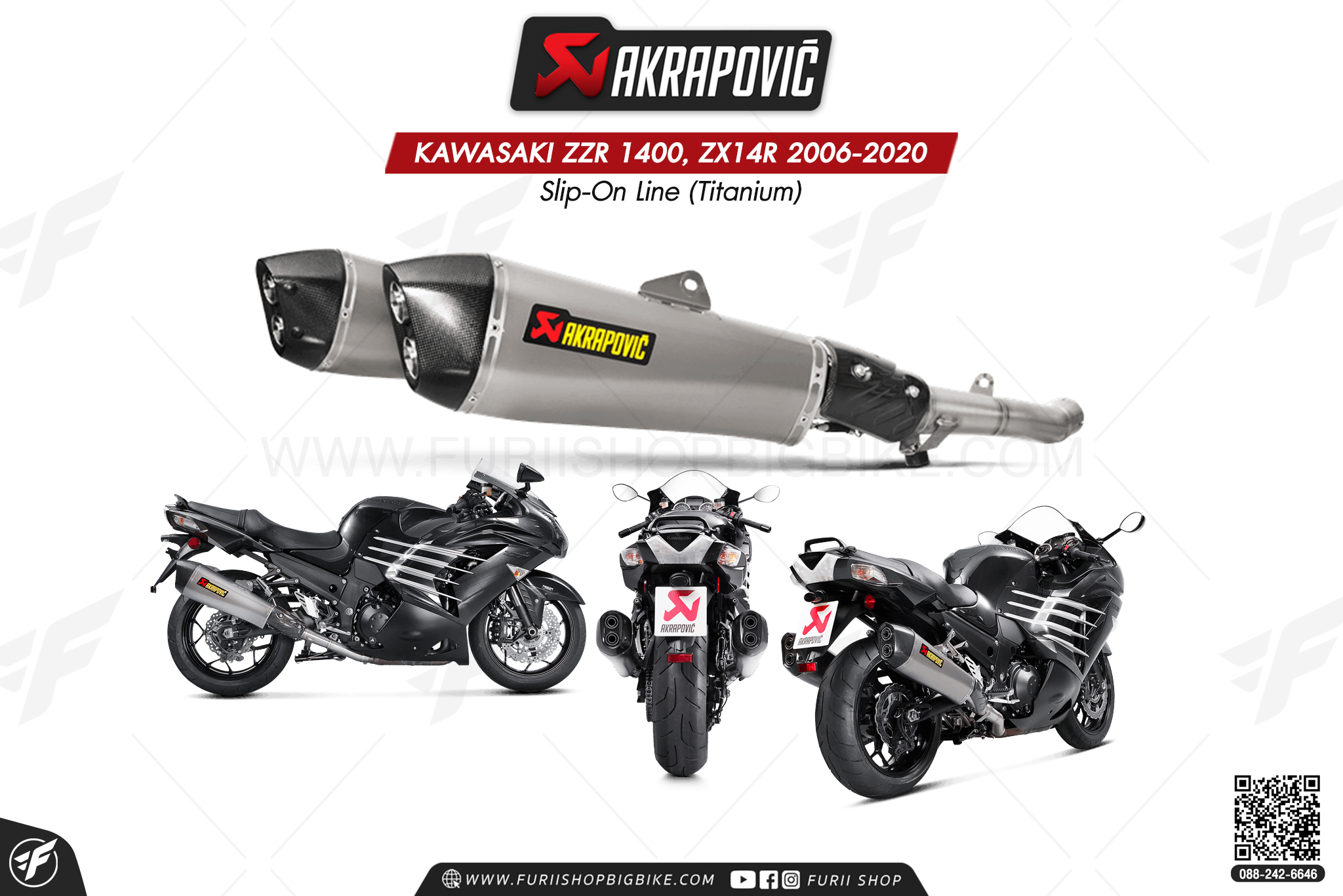 ท่อแต่ง Akrapovic Exhaust Slip-On Line (Titanium) ออกคู่ KAWASAKI ZZR 1400, ZX14R 2006-2020