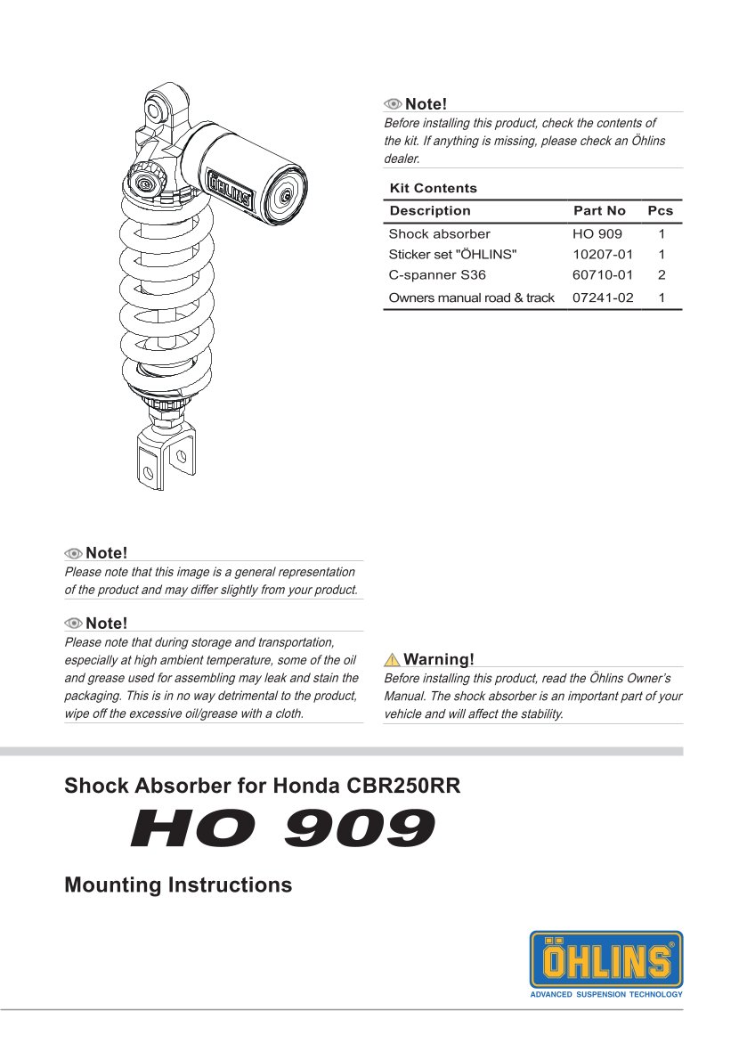 โช๊คหลังแต่ง Ohlins HO909 For Honda CBR250RR ปี 2017-2023