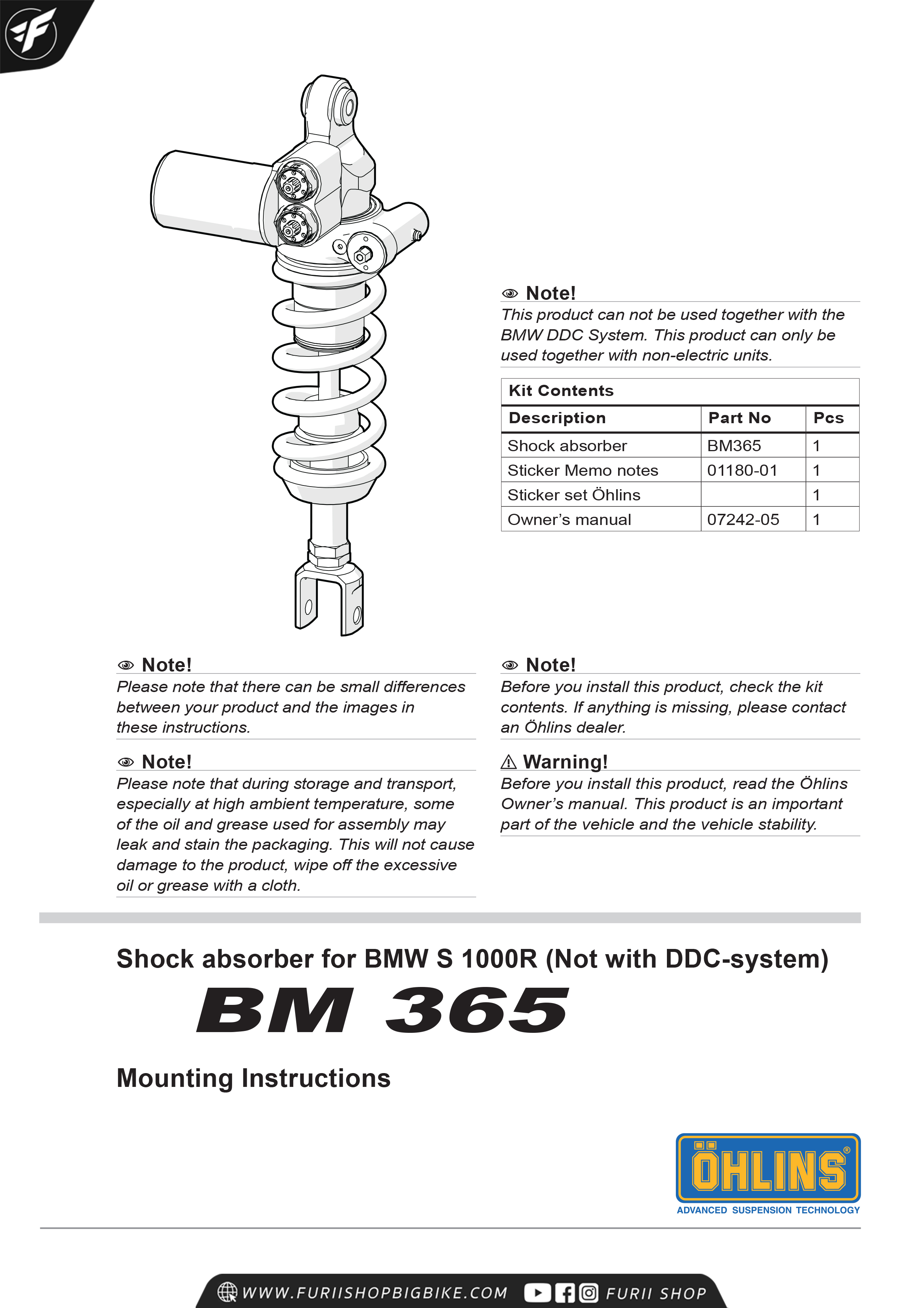 โช๊คหลัง OHLINS Sweden BM365 For BMW S1000R 2014-2018