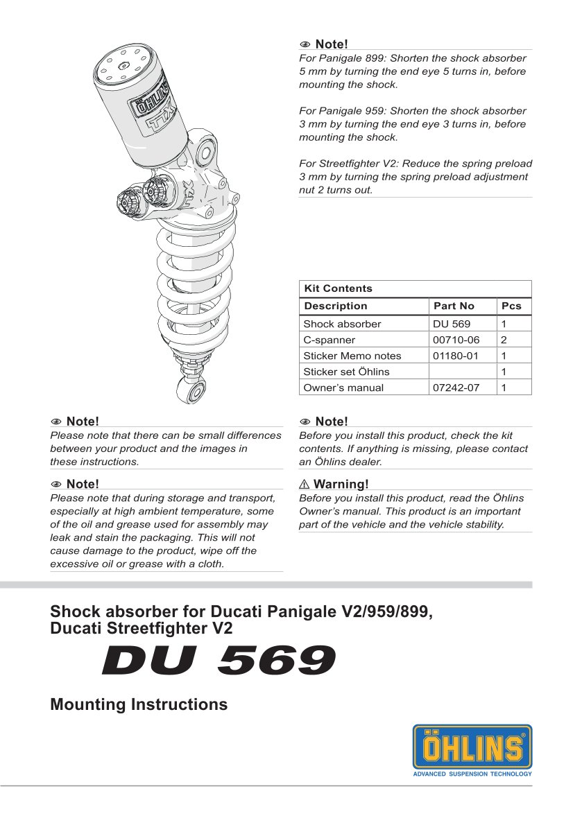 โช๊คหลังแต่ง Ohlins DU569 For Ducati Panigale V2 ปี 2020-2023