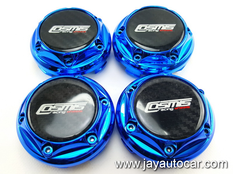 ฝาล้อรถยนต์ แม็กแต่ง ขนาด 73.5 มิล สำหรับ ล้อแม็ก โลโก้ COSMIS RACING WHEELS สีน้ำเงิน 1ชุด 4ชิ้น 73.5mm.