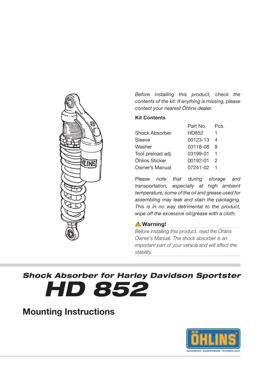 โช๊คหลังแต่ง Ohlins HD852 For Harley-Davidson XR 1200 ปี 2004-2022