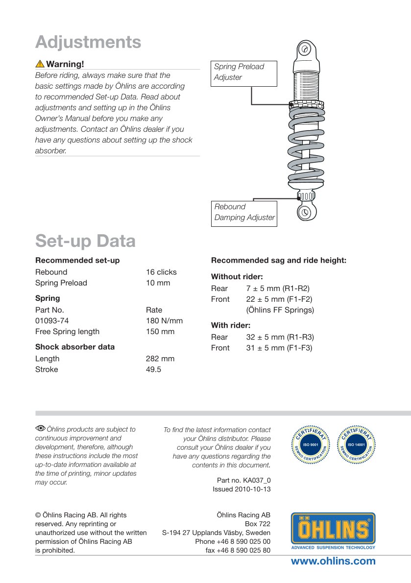 โช๊คหลัง OHLINS Sweden KA037 For Kawasaki Er-6n 2009-2014