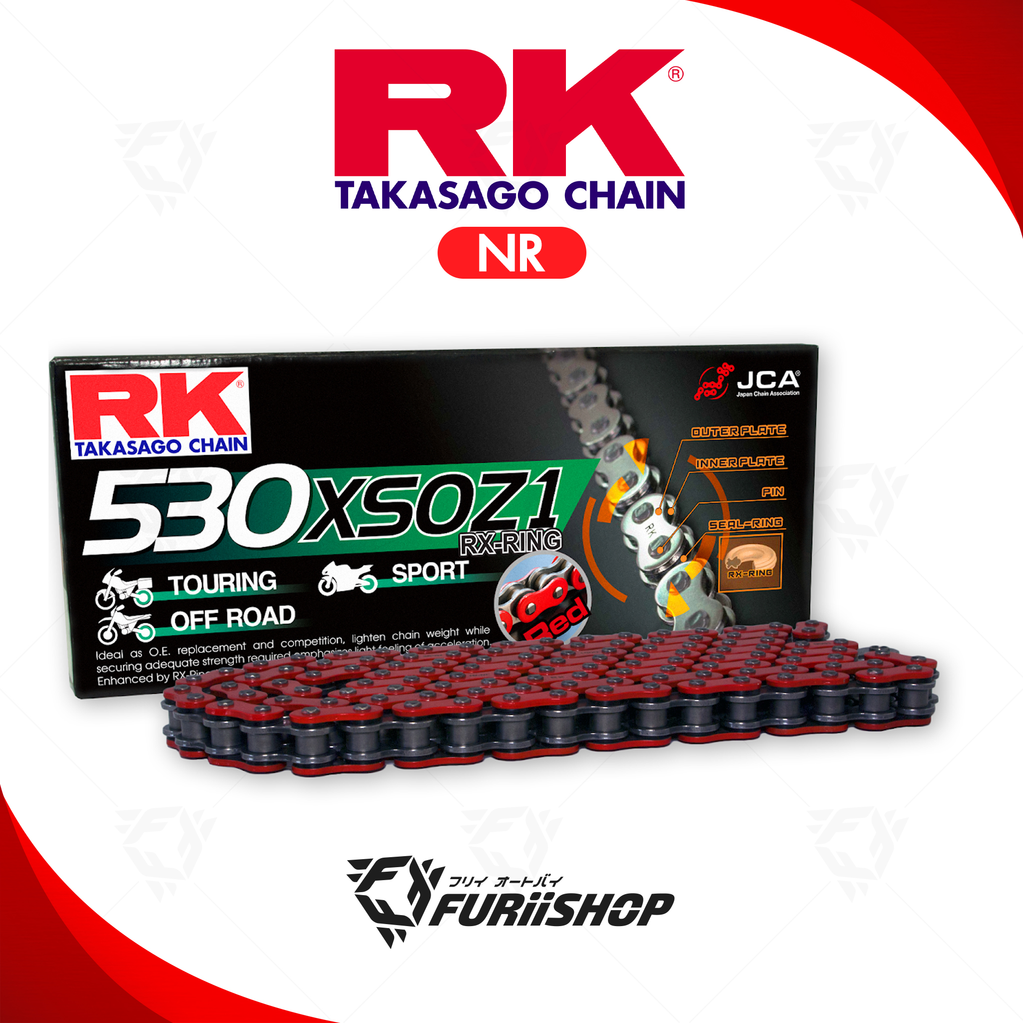 โซ่ RK แท้ 530XSO RX-Ring Chain NR530XSO-120L (สีแดง Neon) สำหรับรถมอเตอร์ไซค์ 400-1000cc