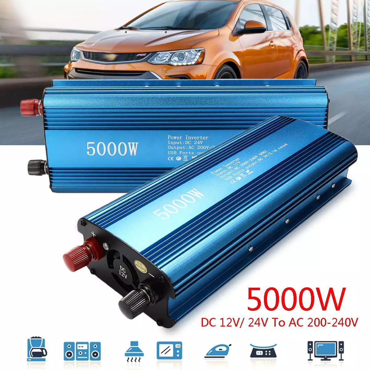 ตัวแปลงไฟฟ้าโซล่าเซล12โวล์ทเป็นไฟบ้าน220โวล์ท/5000W DC 12V to AC 220V Solar Power Inverter LED Display Sine Wave USB Converter