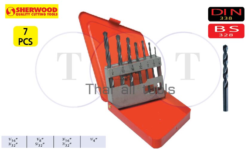 ชุดดอกสว่านเจาะเหล็ก (inch) SET OF 7 HSS DRILLS 1/16 - 1/4 x 1/32 inch SHERWOOD