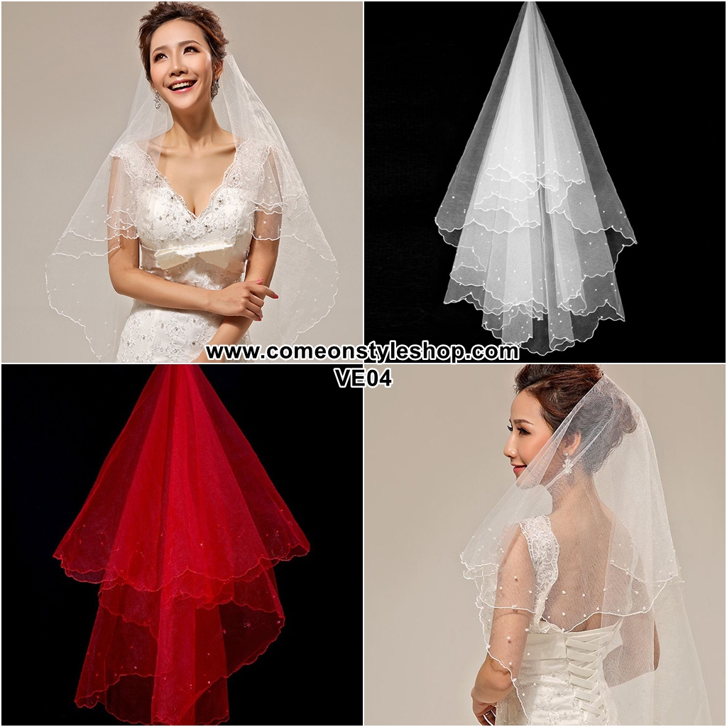 ผ้าคลุมผมเจ้าสาว เวล ประดับมุก ชุดแต่งงาน งามสง่า ยาว 140 ซม. ไม่รวมหวี One layer beautiful 1.4 M crescent edge wedding bridal pearl veil No Comb 2สี (สีขาวงาช้าง สีแดง) VE04