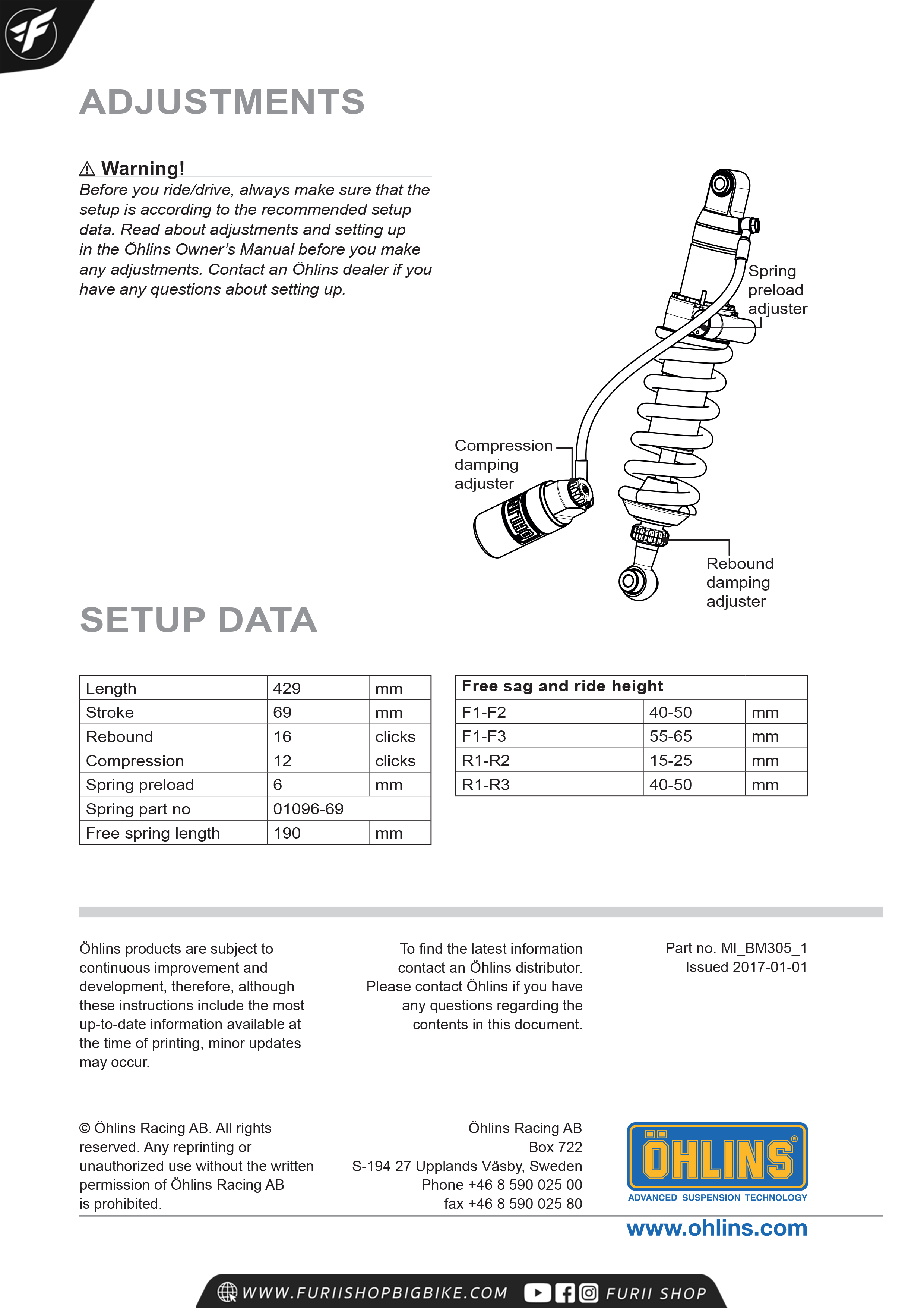 โช๊คหลัง OHLINS Sweden BM305 For BMW F800GS Adventure 2014-2016
