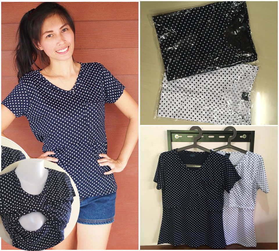 TS04_[Size-S-สีขาวลายจุด]_เสื้อยืดให้นม-แบบเปิดหน้าคอวีมีกระเป๋า