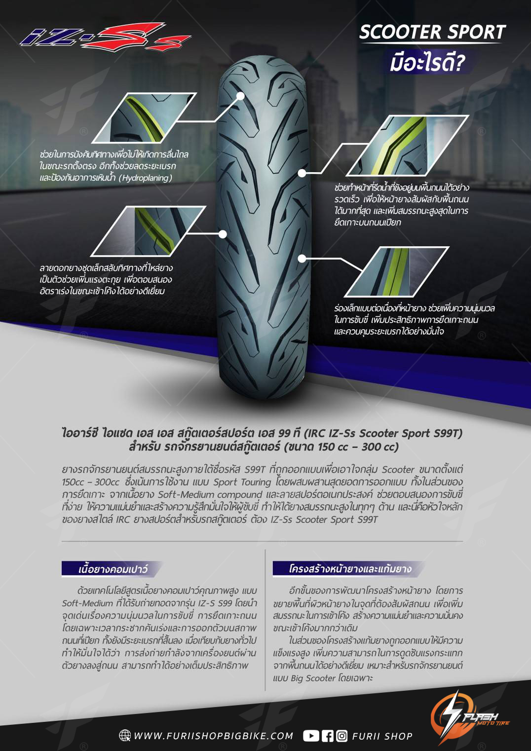 ยางมอเตอร์ไซค์ ยางนอก IRC iZ-SS T/L สามารถใช้งานได้ทั้งล้อหน้า/ล้อหลัง : 100/80-14