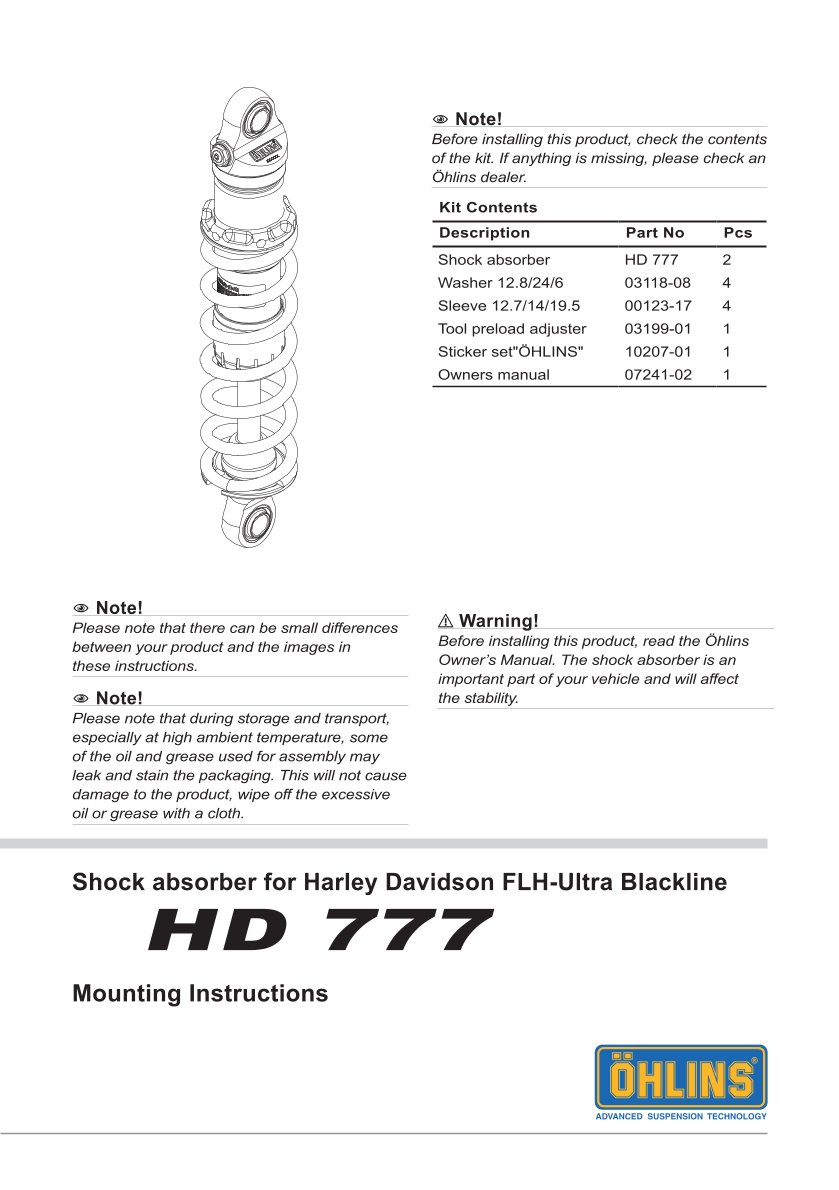 โช๊คหลังแต่ง Ohlins HD777 For Harley-Davidson FL Touring (Road King, Street Glide, Electra Glide etc) ปี 1990-2022