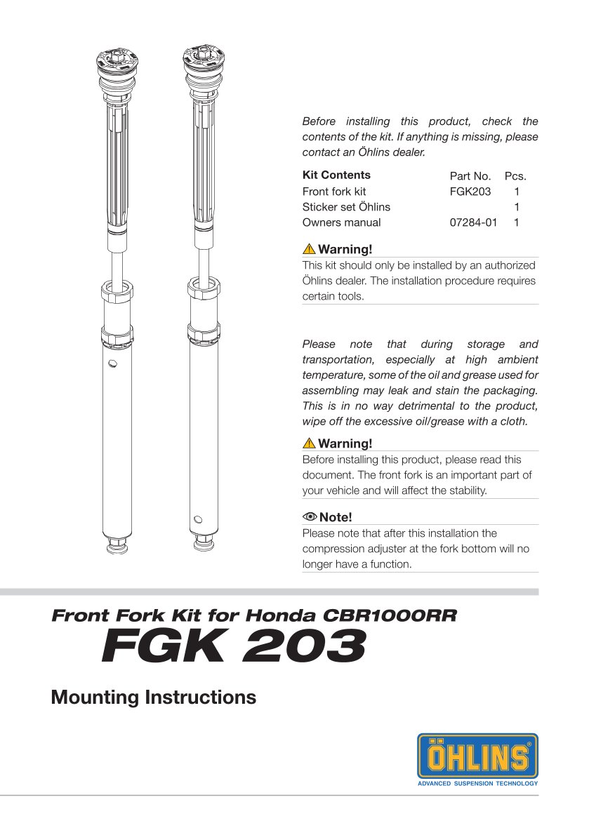 สปริงโช้คหน้า Ohlins FGK203 For Honda CBR1000RR 2008-2011