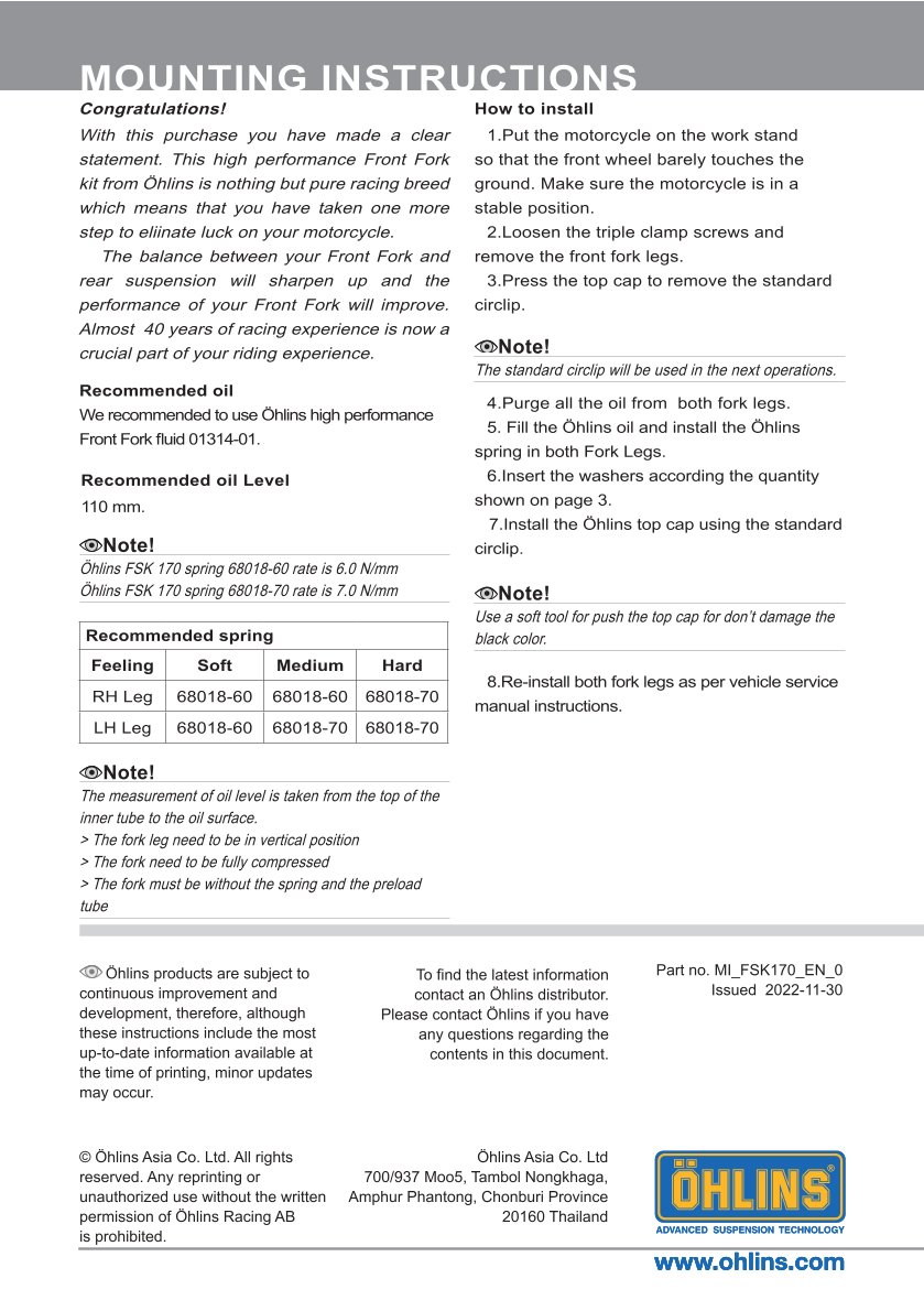 สปริงโช้คหน้า Ohlins FSK170 For Honda Click 160 2022