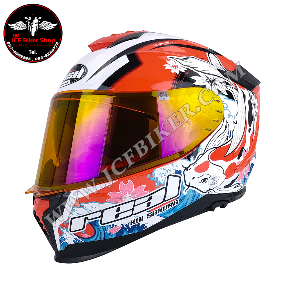 หมวกกันน็อคเต็มใบ หมวกกันน็อค Real Helmets รุ่น Hurricane Koi Sakura ขาว-แดง
