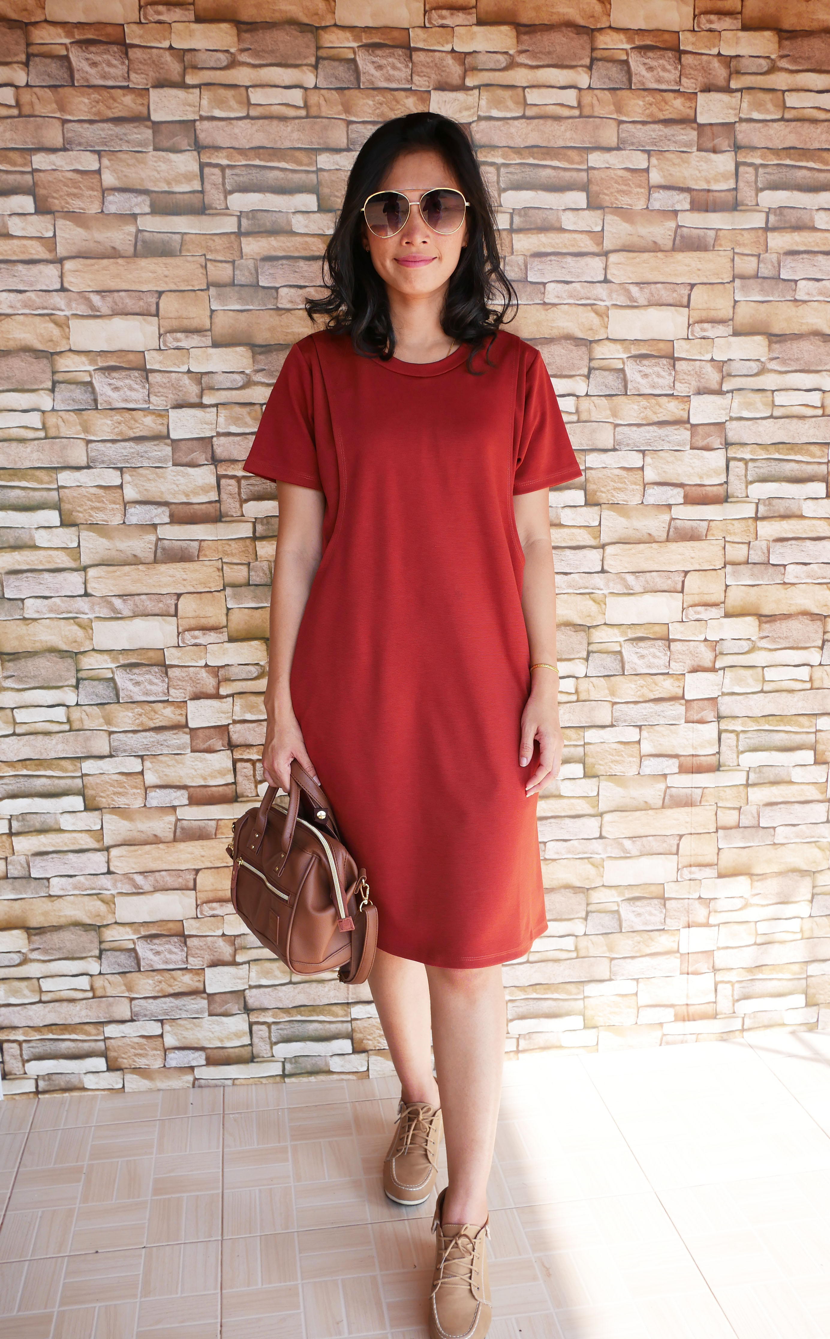 D10_[Size-M-สีแดงไวน์]_เดรสเปิดให้นมแขนสั้นคอกลมO+ใส่คลุมท้องได้