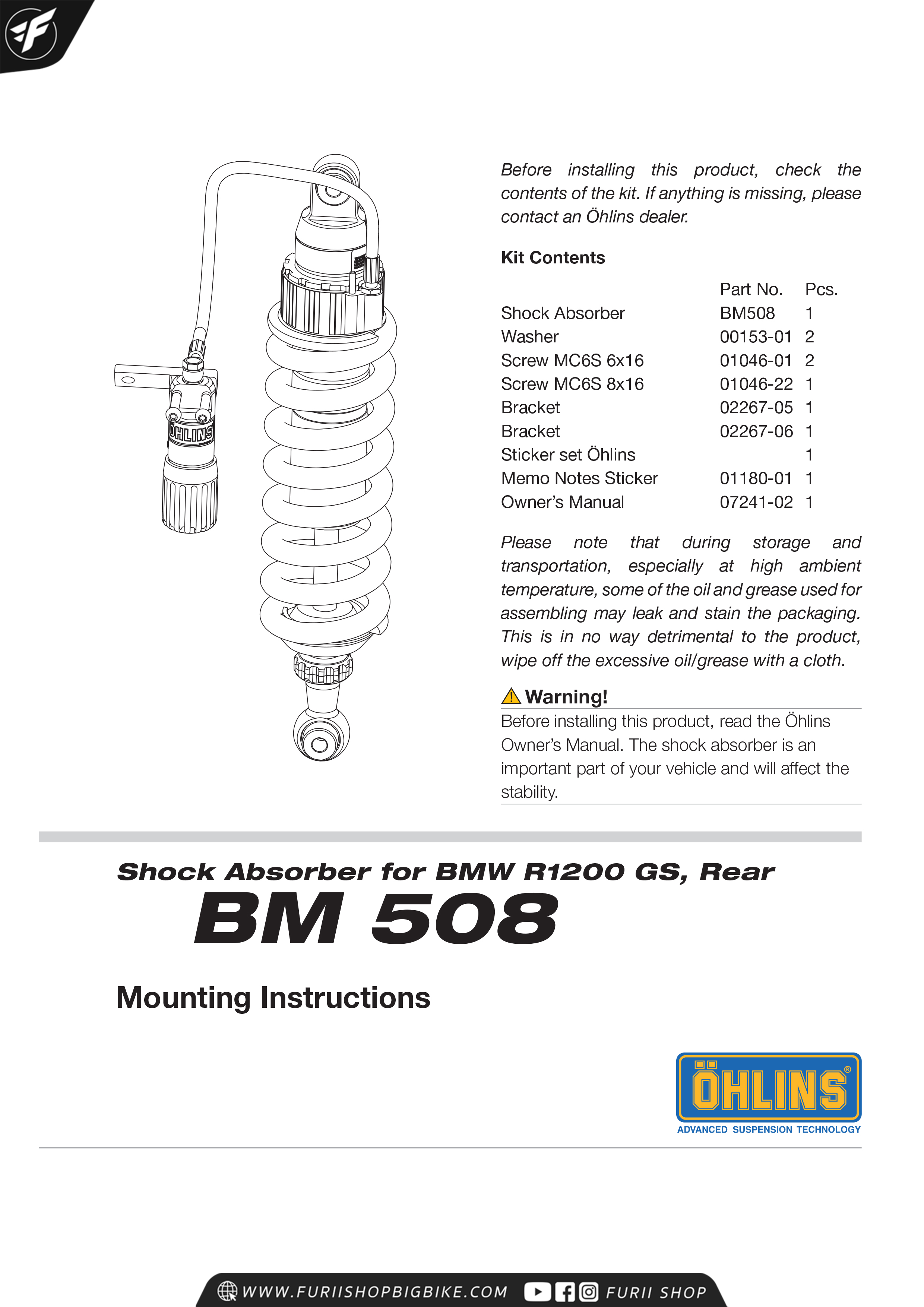 โช๊คหลัง OHLINS Sweden BM508 For BMW R1200GS 2004-2012