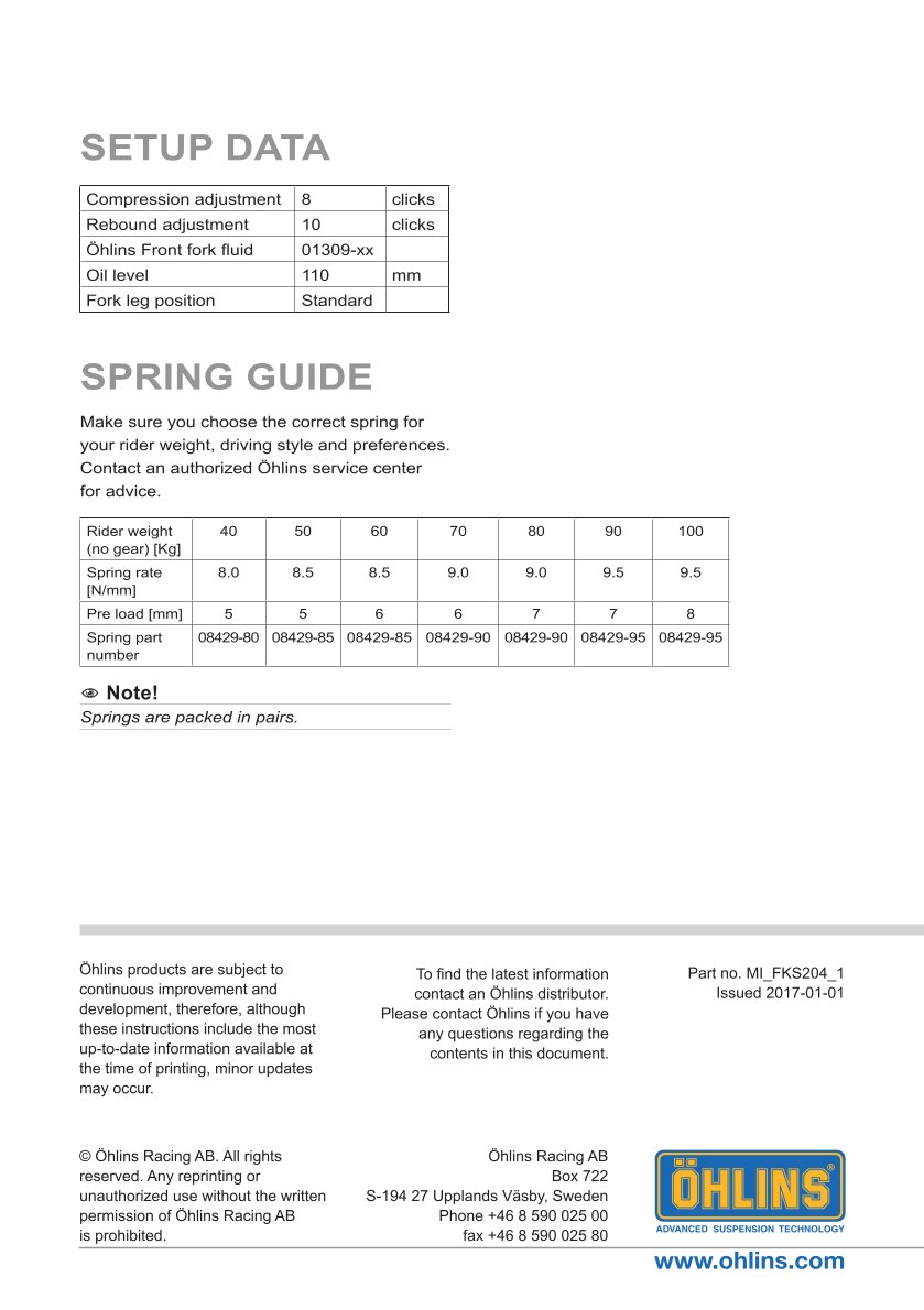 สปริงโช้คหน้า Ohlins FKS204 For Yamaha Tracer 700/Tracer 7 (FJ-07) 2016-2019