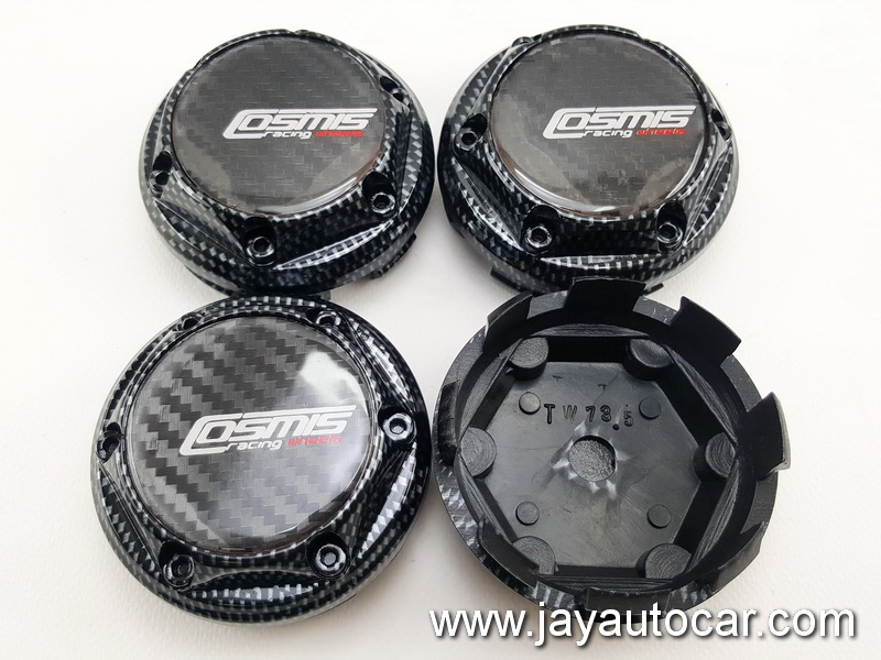 ฝาล้อรถยนต์ แม็กแต่ง ขนาด 73.5 มิล สำหรับ ล้อแม็ก โลโก้ COSMIS RACING WHEELS ลายเคฟล่า 1ชุด 4ชิ้น สวยโครตๆ 73.5mm.