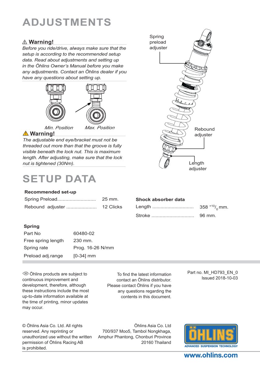 โช๊คหลังแต่ง Ohlins HD793 For Harley-Davidson XG750A Street Rod ปี 2018-2020