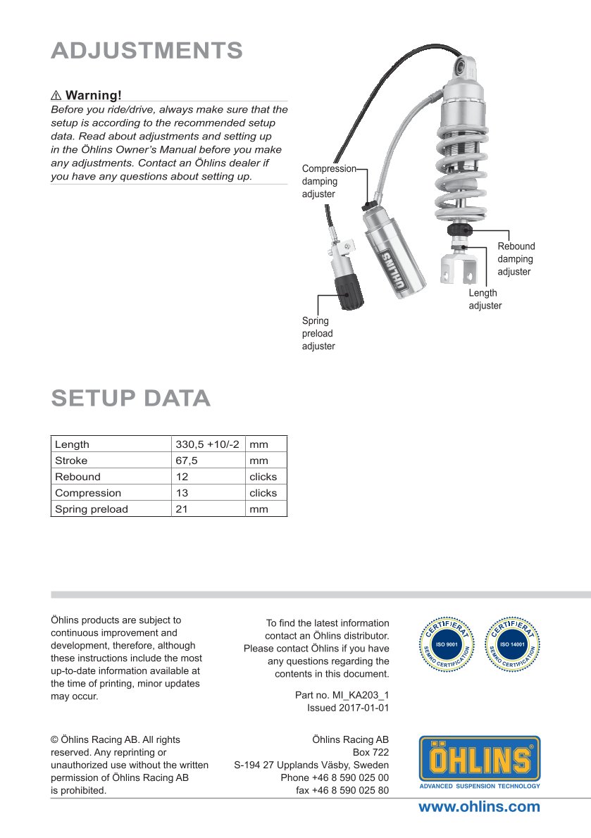 โช๊คหลังแต่ง Ohlins KA203 For Kawasaki GPZ 900 Racing ปี 1999-2000