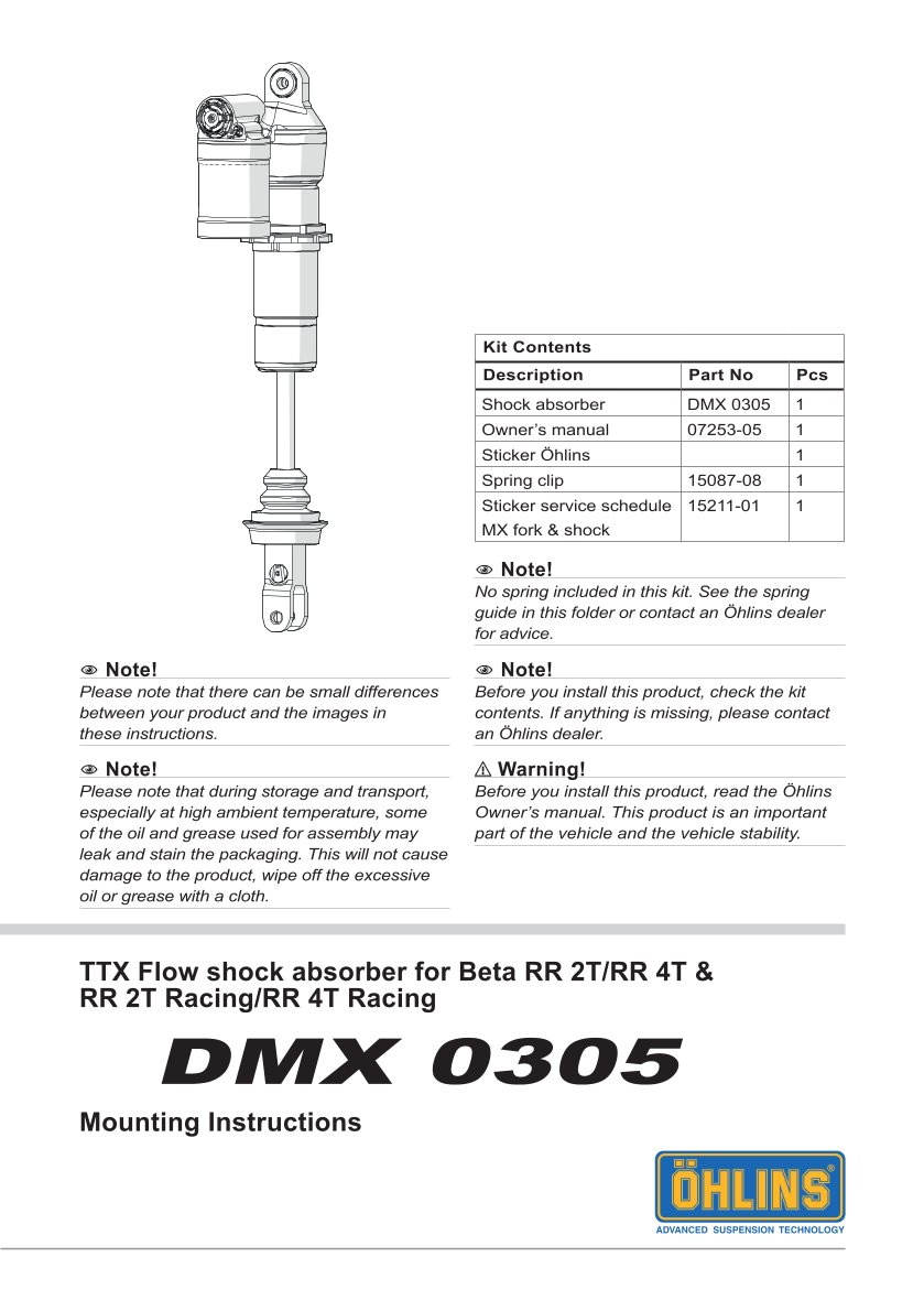 โช๊คหลังแต่ง Ohlins DMX0305 For Beta RR 2T 300 Racing ปี 2020-2023