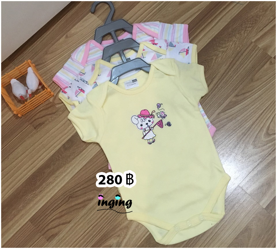 BS001_[Size-3-6-สีเหลืองลายกระต่ายหมวกชมพู]_ชุดเซ็ตบอดี้สูท-แพ๊ก3ตัว