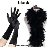แกสบี้เซท 2 ชิ้น ขนนกเฟอร์+ถงมือยาว 16 นิ้ว ผ้าซาติน สีดำ เซตออกงานสุดเริ่ด การแสดง สไตล์วินเทจ ย้อนยุค 2 Pcs Set Gatsby Flapper Feather Boa+Long Glove 16" Satin Chic Party Vintage (Black)