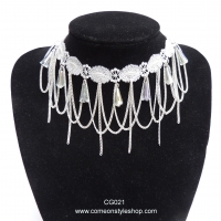 สร้อยคอโชคเกอร์ แนวโกธิค สร้อยคอลูกไม้ choker ประดับคริสตัล (สีขาว) Gothic Choker Necklace Lace Vintage Choker with Crystal (White) CG021