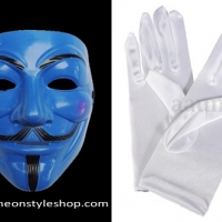 หน้ากาก+ถุงมือ Guy Fawkes จากภาพยนต์เรื่อง V for Vendetta หน้ากากปาร์ตี้ ออกงาน การแสดง V for Vendetta Mask Masquerade Ball Halloween Party Fancy Dress Costume (หน้ากากสีน้ำเงิน+ถุงมือขาว) M300BUGLW
