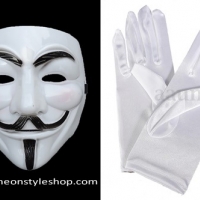 หน้ากาก+ถุงมือ Guy Fawkes จากภาพยนต์เรื่อง V for Vendetta หน้ากากปาร์ตี้ ออกงาน การแสดง V for Vendetta Mask Masquerade Ball Halloween Party Fancy Dress Costume (หน้ากากสีขาว+ถุงมือขาว) M300WGLW
