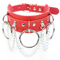 โชคเกอร์ สายหนัง พังค์ ร็อค Punk Gothic Rock Leather Choker (Red) CK108 Triple Rings