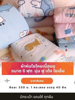 ผ้าห่มใยไหมเนื้อนม ผ้าห่มใยไหมเย็น ใยเย็น นุ่มฟู ผ้าห่มไหมน้ำนม 6 ฟุต 1 กระสอบ 40 ผืน ผืนละ 330 บ. ขายปลีก-ส่ง แถมกระเป๋า